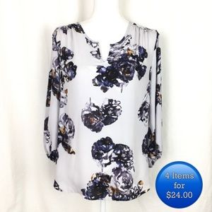 Lavender/gray floral print sheer blouse size small